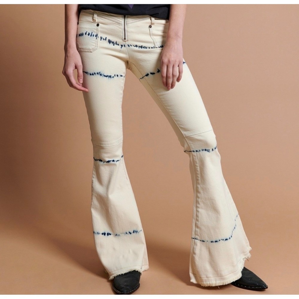 One Teaspoon Cream Tie Dye Flare Jeans Bell Bottom Raw 22 Indigo Boho Festival‎